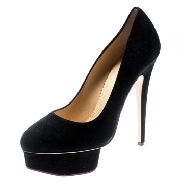Pre Owned Charlotte Olympia Black Suede Dolly Platform Pumps Size 38.5