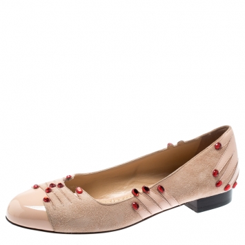 Pre Owned Charlotte Olympia Beige Suede And Patent Leather Embellished Manipedi Ballet Flats 37