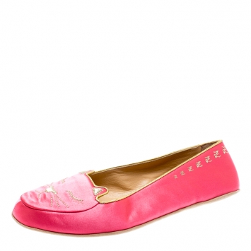 Pre Owned Charlotte Olympia Pink Satin Cat Nap Slipper Set L