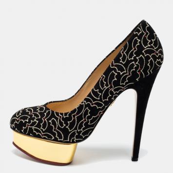 Pre Owned Charlotte Olympia Black Suede Midnight Dolly Bat Embroidered Platform Pumps Size 39