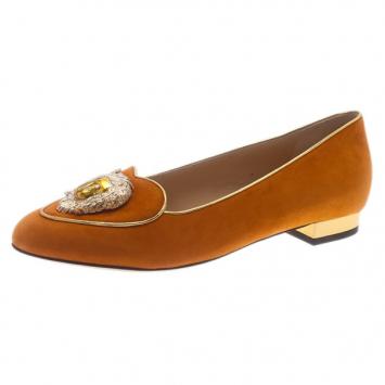 Pre Owned Charlotte Olympia Orange Suede Leo Smoking Slippers Size 39