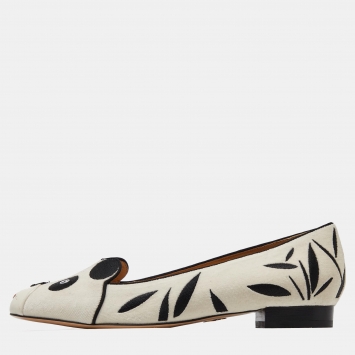 Pre Owned Charlotte Olympia White/Black Velvet Kitty Ballet Flats Size 38