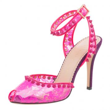Pre Owned Charlotte Olympia Pink Studded Lace Print PVC And Suede Soho Peep Toe Sandals Size 36