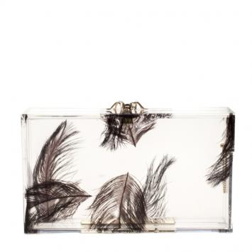 Pre Owned Charlotte Olympia Clear Feather Print Perspex Pandora Classic Box Clutch