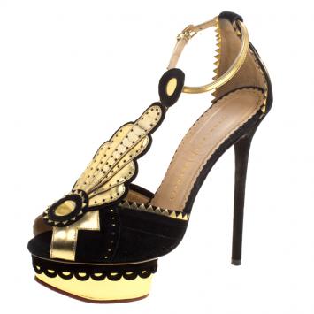 مملوكة مسبقًا Charlotte Olympia Metallic Leather and Suede Sunset Ankle Strap Platform Sandals Size 36.5