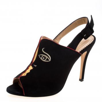 مملوكة مسبقًا Charlotte Olympia Black Suede Face To Face Slingback Sandals Size 39