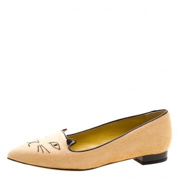 Pre Owned Charlotte Olympia Beige Velvet Mid Century Kitty Ballet Flats Size 38.5