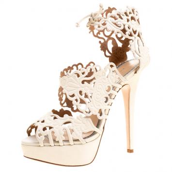 Pre Owned Charlotte Olympia Cream Laser Cut Suede Belinda Peep Toe Platform Sandals Size 37.5