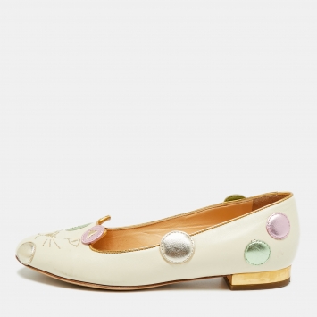 Pre Owned Charlotte Olympia Kitty Size 36.5 Cream Leather Ballet Flats