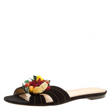 مملوكة مسبقًا Charlotte Olympia Black Suede Flower Embellished Flat Sandals Size 39