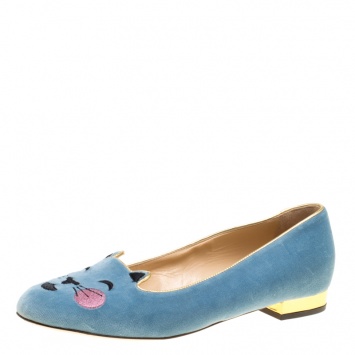 مملوكة مسبقًا Charlotte Olympia Grey Velvet Emoticats Cheeky Kitty Flats Size 38