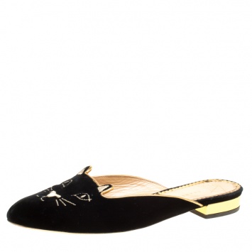 مملوكة مسبقًا Charlotte Olympia Black Velvet Kitty Slip On Flats Size 38