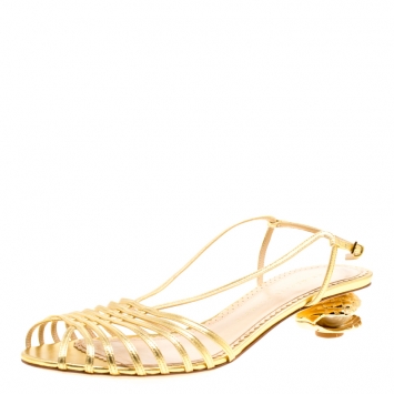 Pre Owned Charlotte Olympia Metallic Gold Leather Shelly Faux Pearl Embellished Heel Slingback Sandals Size 39