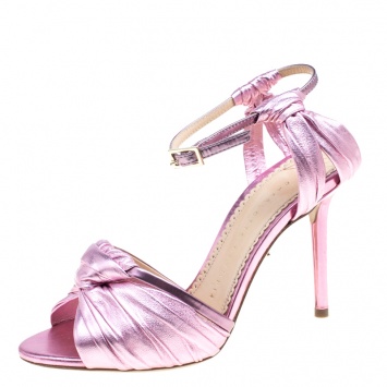 Pre Owned Charlotte Olympia Metallic Pink Ruched Leather Broadway Ankle Strap Sandals Size 36