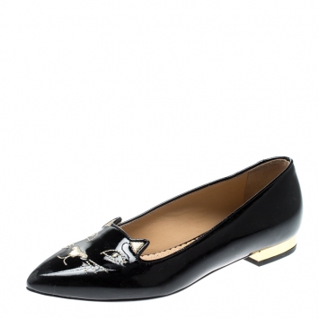 Pre Owned Charlotte Olympia Black Patent Leather Mid Century Kitty Ballet Flats Size 35