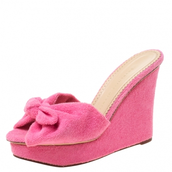 Pre Owned Charlotte Olympia Pink Terry Cloth Jayne Wedge Slides Size 39.5