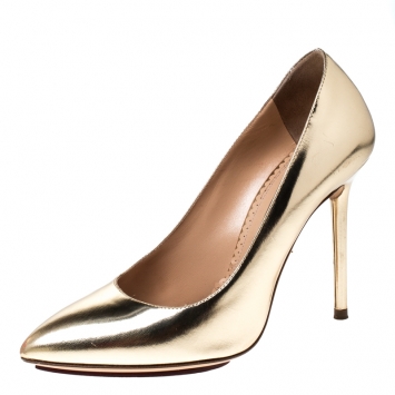 Pre Owned Charlotte Olympia Gold Patent Leather Monroe Pointed Toe Pumps Size 36.5