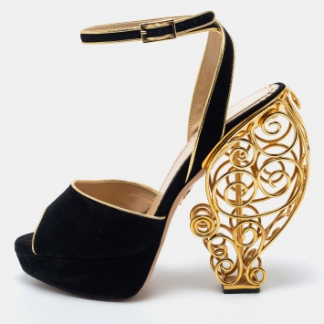 Pre Owned Charlotte Olympia Black Suede Peep Toe  Ankle Strap Sandals Size 39