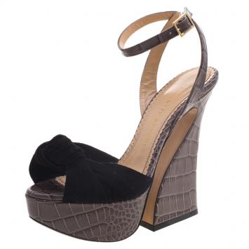 Pre Owned Charlotte Olympia Grey Croc Embossed Leather And Suede Vreeland Ankle Strap Platform Sandals Size 36