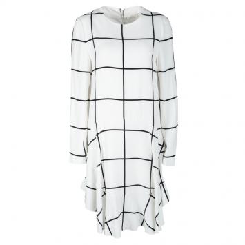 Pre Owned Chloe Monochrome Checked Crepe Ruffled Bottom Long Sleeve Dress M