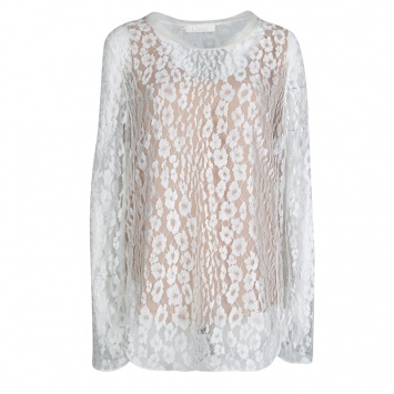 Pre Owned Chloe White Contrast Lined Long Sleeve Floral Lace Top L