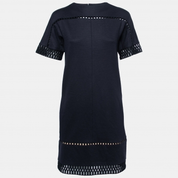 Pre Owned Chloé Navy Blue Stretch Wool Lace Detail Shift Dress XS