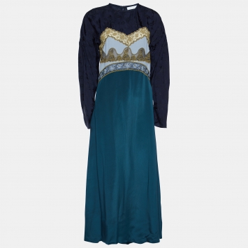 Pre Owned Chloe Blue Lace Trim Jacquard and Crepe Maxi Dress M