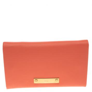 Pre Owned Chloe Orange Leather Long Fold Over Flap Wallet