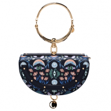 Pre Owned Chloe Black Floral Print Leather Small Nile Bracelet Minaudiere Crossbody Bag 