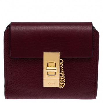 Pre Owned Chloe Burgundy Quilted Leather Compact Drew Wallet