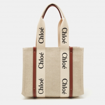 Pre Owned Chloe Beige Canvas Medium Woody Shopper Tote