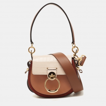 Pre Owned Chloe Tri Color Croc Embossed, Suede and Leather Small Tess Shoulder Bag