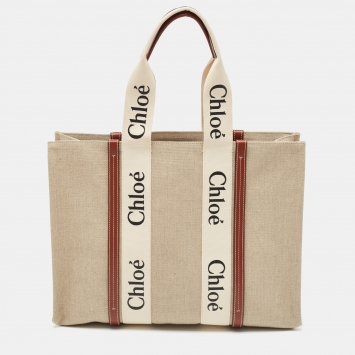 Pre Owned Chloe Beige/Brown Canvas and Leather Large Woody Tote