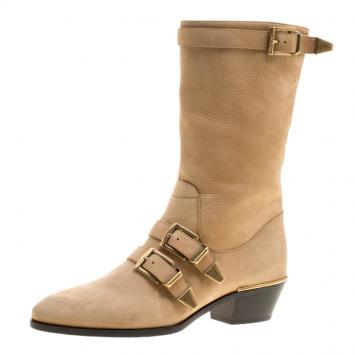 Pre Owned Chloe Beige Leather Susanna Buckle Detail Boots Size 38.5