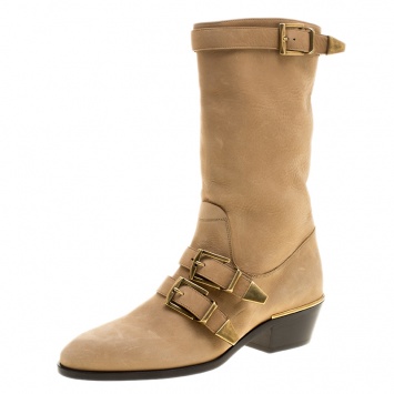 Pre Owned Chloe Beige Leather Susanna Buckle Detail Boots Size 36