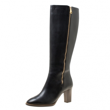 Pre Owned Chloe Black Leather Block Heel Knee High Boots Size 40