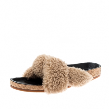Pre Owned Chloe Brown Shearling Wool Knotted Slip On Slides Size 41