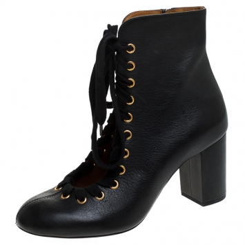 Pre Owned Chloe Black Leather Miles Lace Up Ankle Boots Size 39