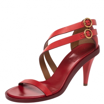 Pre Owned Chloe Red Leather Double Ankle Strap Niko Sandals Size 37.5