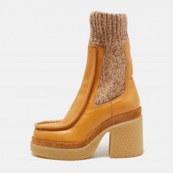 Pre Owned Chloe Beige Leather and Wool Mid Calf Boots Size 37