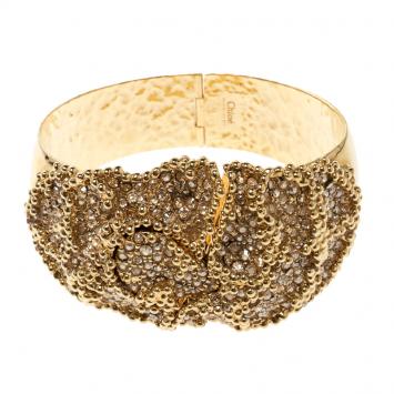 Pre Owned Chloe Crystal Gold Tone Chunky Cuff Bracelet 17cm