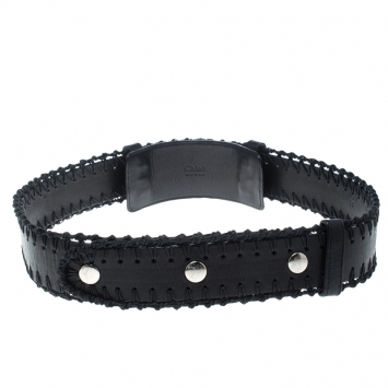Pre Owned Chloe Black Leather Braided Details Snap Button Belt 85cm