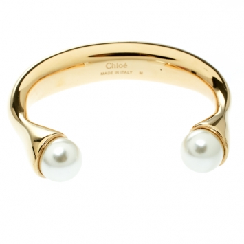 Pre Owned Chloe Faux Pearl Gold Tone Open Cuff Bracelet 