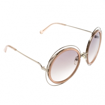Pre Owned Chloe Gold Transparent Peach/ Brown Pink Gradient Carlina CE120S Round Oversize Sunglasses