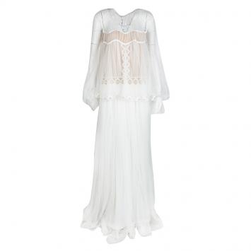 Pre Owned Chloe White Herringbone Lace Long Sleeve Maxi Dress M