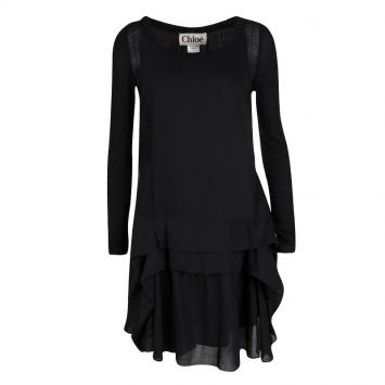 Pre Owned Chloe Black Wool Pleated Panel Detail Long Sleeve Dress S
