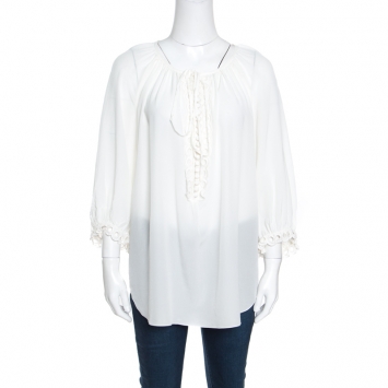 Pre Owned Chloe Iconic Milk White Silk Scalloped Lace Trim Peasant Blouse L