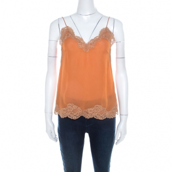 Pre Owned Chloe Orange Chiffon Lace Trimmed Camisole Top S