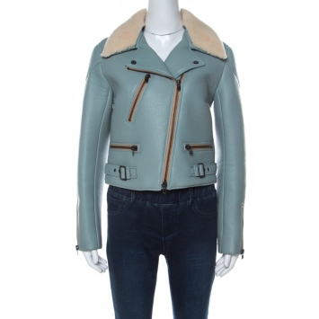 Pre Owned Chloe Blue Leather and Shearling Biker Jacket M