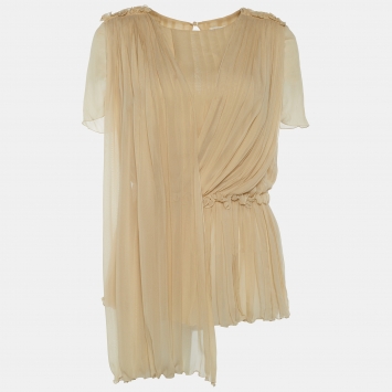 Pre Owned Chloe Beige Crepe Pleated Blouse M